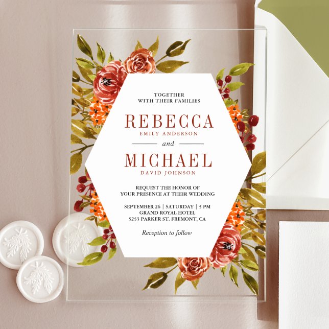 Invitations En Acrylique Rustic Burnt Orange Floral Autumn Fall Wedding (Créateur téléchargé)