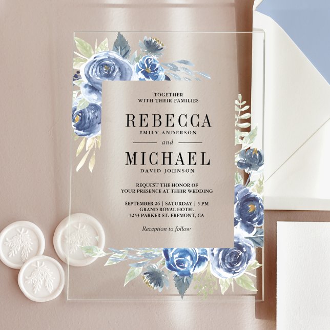 Invitations En Acrylique Rustic Dusty Blue Floral Wedding (Créateur téléchargé)