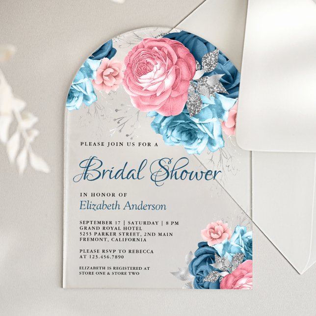 Invitations En Acrylique Rustic Dusty Blue Pink Floral Rose Bridal Shower (Créateur téléchargé)
