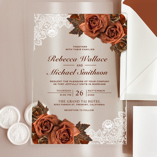 Invitations En Acrylique Rustic Earthy Dusty Terracotta Rose Lace Wedding (Créateur téléchargé)