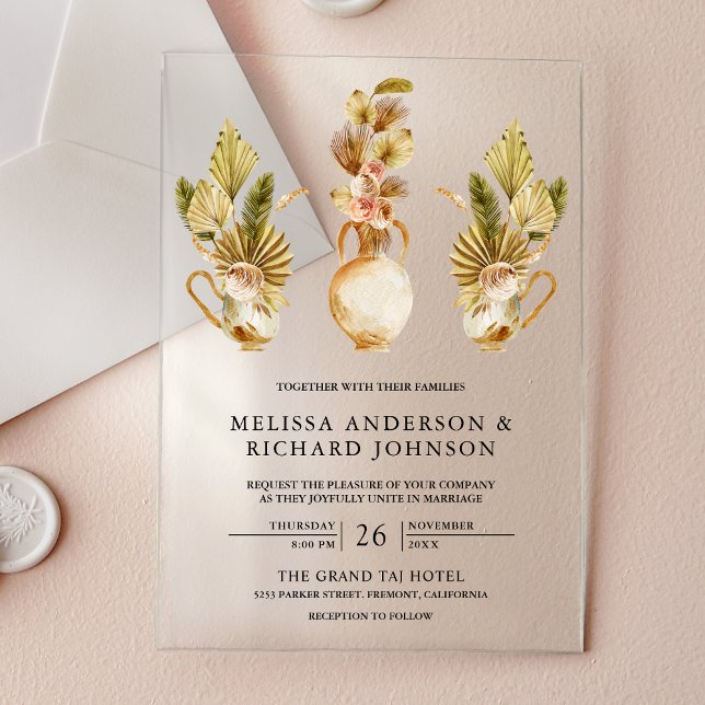 Invitations En Acrylique Rustic Earthy Floral Pots Dried Boho Palm Wedding (Créateur téléchargé)