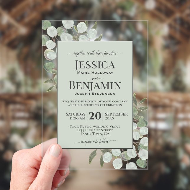 Invitations En Acrylique Rustic Eucalyptus & Greenery Stylish Text Wedding (Clear Acrylic with Rectangle Cut)