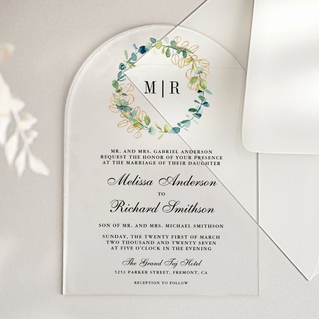 Invitations En Acrylique Rustic Gold Eucalyptus Wreath Wedding (Créateur téléchargé)