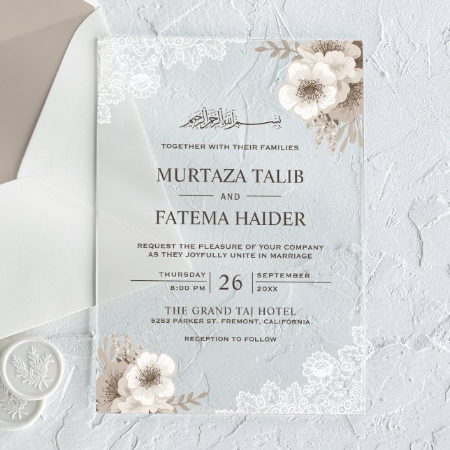 Invitations En Acrylique Rustic Lace Ivory Floral Islamic Wedding (Créateur téléchargé)