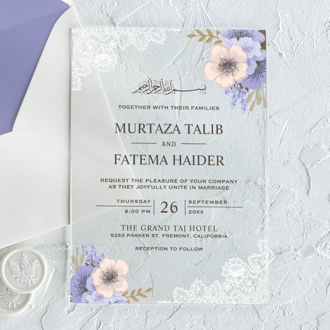 Invitations En Acrylique Rustic Lace Purple Floral Islamic Wedding (Créateur téléchargé)
