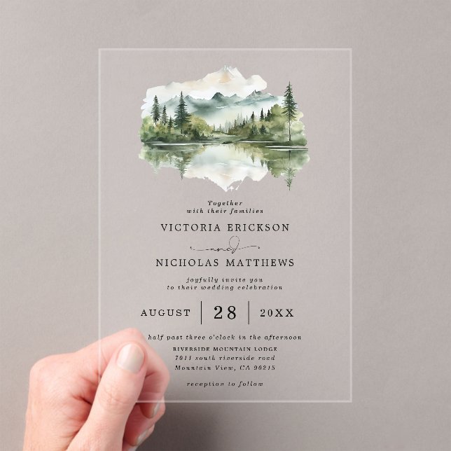 Invitations En Acrylique Rustic Mountain Forest Lake Budget QR Code Wedding (In situ (ordinateur de poche))