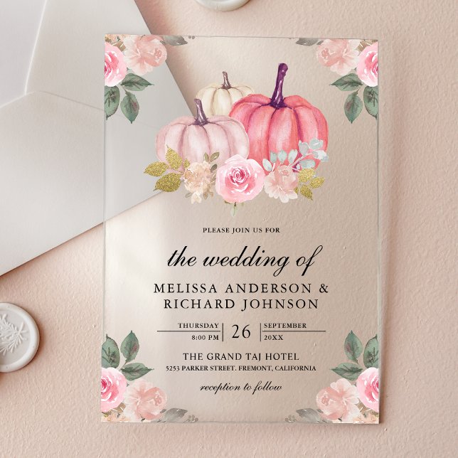 Invitations En Acrylique Rustic Pink and Gold Pumpkin Floral Wedding (Créateur téléchargé)