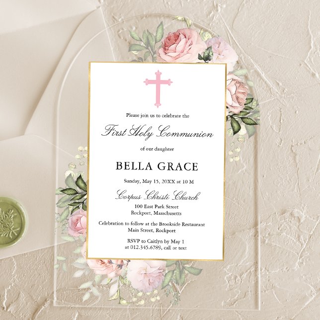 Invitations En Acrylique Rustic Pink Rose Floral First Holy Communion (Créateur téléchargé)