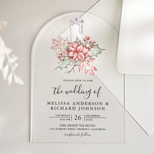 Invitations En Acrylique Rustic Poinsettia Christmas Candle Wedding (Créateur téléchargé)