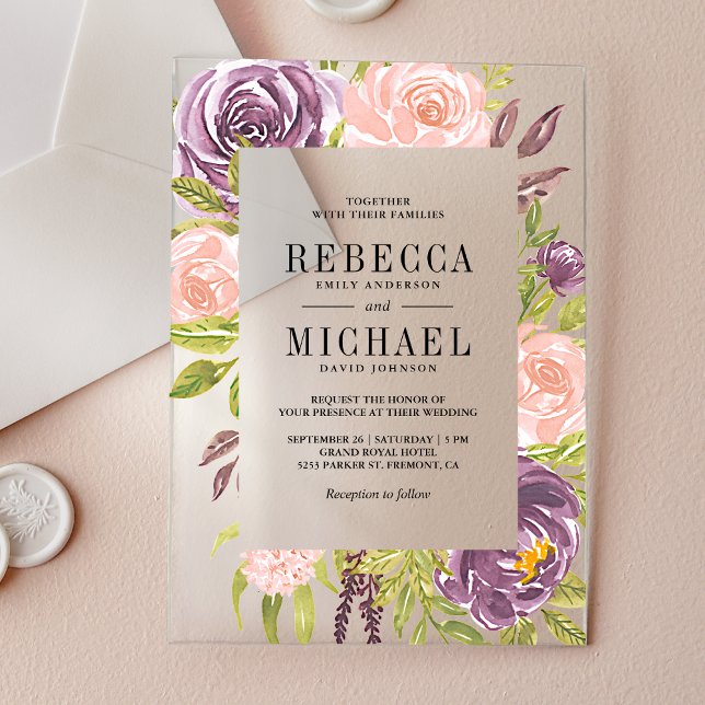 Invitations En Acrylique Rustic Purple Blush Pink Floral Wedding (Créateur téléchargé)