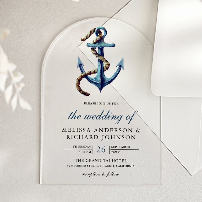 Invitations En Acrylique Rustic Rope Navy Blue Anchor Nautical Wedding  (Créateur téléchargé)