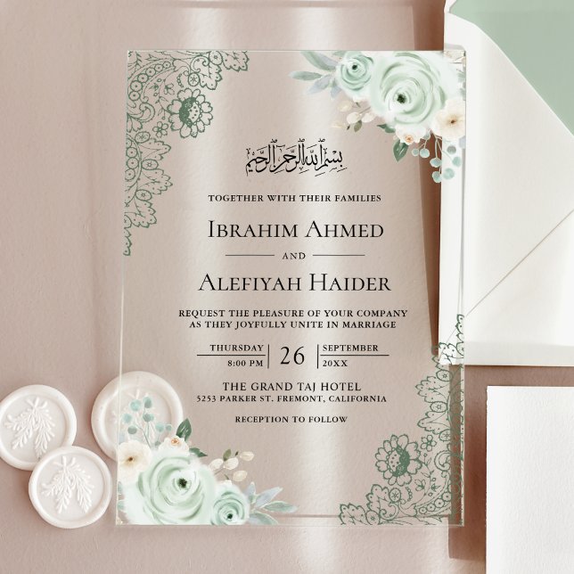 Invitations En Acrylique Rustic Sage Green Floral Lace Muslim Wedding (Créateur téléchargé)
