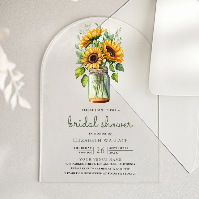 Invitations En Acrylique Rustic Sunflowers Mason Jar Bridal Shower (Créateur téléchargé)