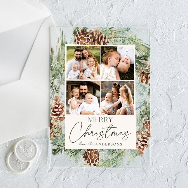 Invitations En Acrylique Rustic Watercolor Pinecone Photo Collage Holiday (Créateur téléchargé)