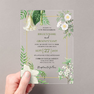 Invitations En Acrylique Rustique blanc vert aquarelle Mariage or Floral