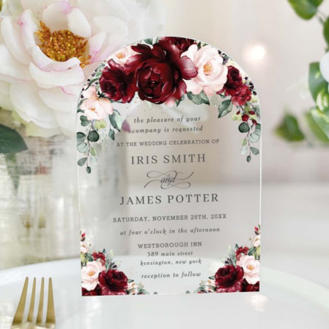 Invitations En Acrylique Rustique Bourgogne Blush Floral Rose Arch Mariage (Créateur téléchargé)
