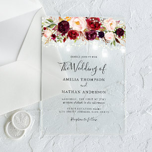 Invitations En Acrylique Rustique Bourgogne Floral Lumières Mariage