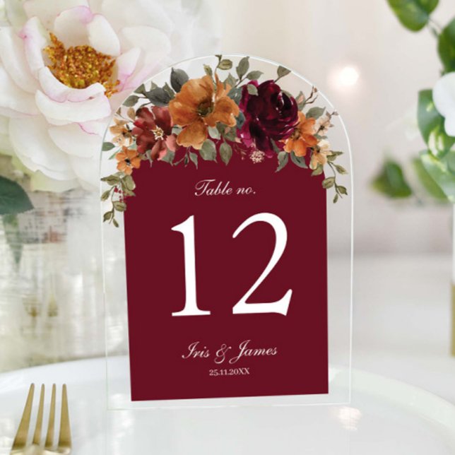 Invitations En Acrylique Rustique Bourgogne rouille Mariage Floral Numéro d (Créateur téléchargé)