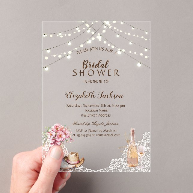 Invitations En Acrylique Rustique, dentelle, bottes Fleurs Shower de mariag (In situ (ordinateur de poche))