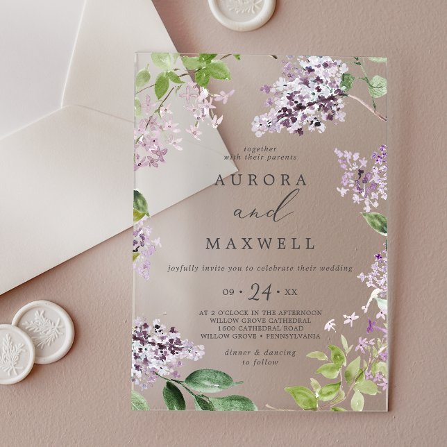 Invitations En Acrylique Rustique Lilac Moderne Boho Aquarelle Mariage Flor (Rustic Lilac Modern Boho Watercolor Floral Wedding Acrylic Invitations)