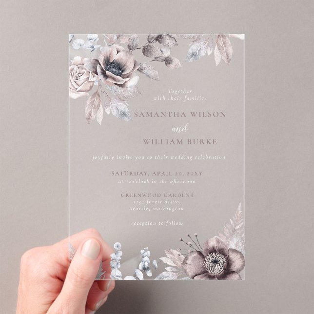 Invitations En Acrylique Rustique Marine Mauve Floral Mariage Botanique (In situ (ordinateur de poche))