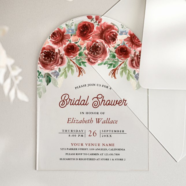 Invitations En Acrylique Rustique Marsala Floral Fête de Mariage (Créateur téléchargé)