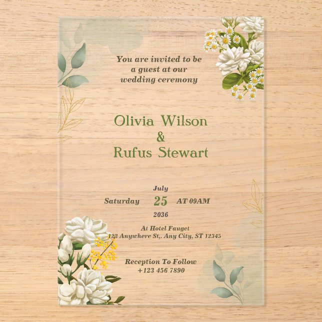 Invitations En Acrylique Rustique Vert Floral Acrylique Mariage Invitations (Recto)