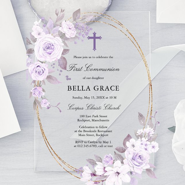 Invitations En Acrylique Rustique violet Rose Floral Première sainte commun (Créateur téléchargé)