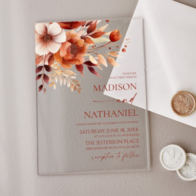 Invitations En Acrylique Rusty Bourgogne Brown Floral Jardin Mariage (Créateur téléchargé)