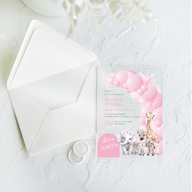 Invitations En Acrylique Safari animal Blush rose sauvage une fille Anniver (Créateur téléchargé)