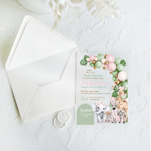 Invitations En Acrylique Safari animal Tropical vert rose bébé fille douche