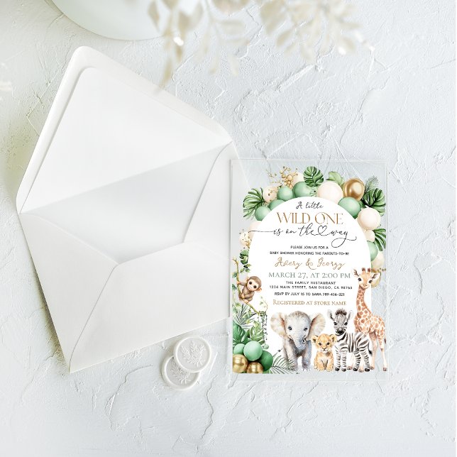 Invitations En Acrylique Safari animal Tropical vert sauvage Un Baby shower (Créateur téléchargé)