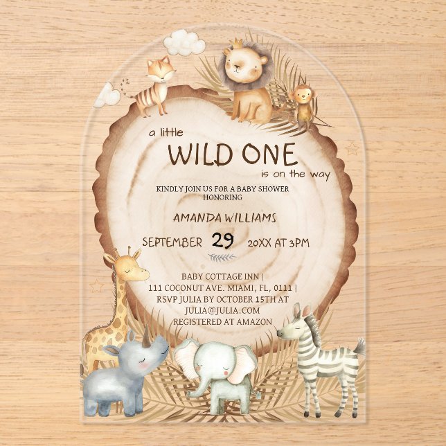 Invitations En Acrylique Safari Animaux Boho Baby shower mignon (Recto)