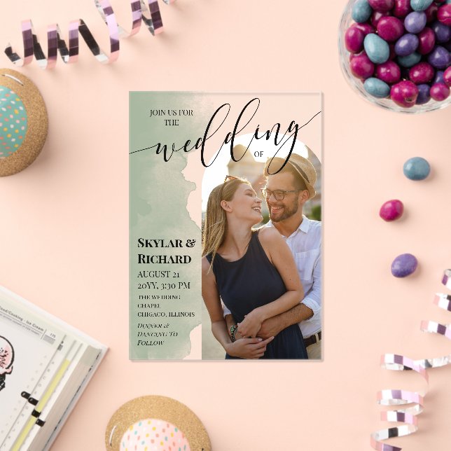 Invitations En Acrylique Sage Green Aquarelle Rejoignez-nous Arch Photo Mar (Insitu (Célébration))