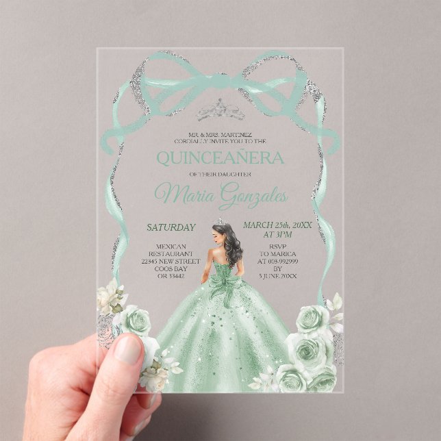Invitations En Acrylique Sage Green Bow Princess Silver Crown Quinceañera (In situ (ordinateur de poche))