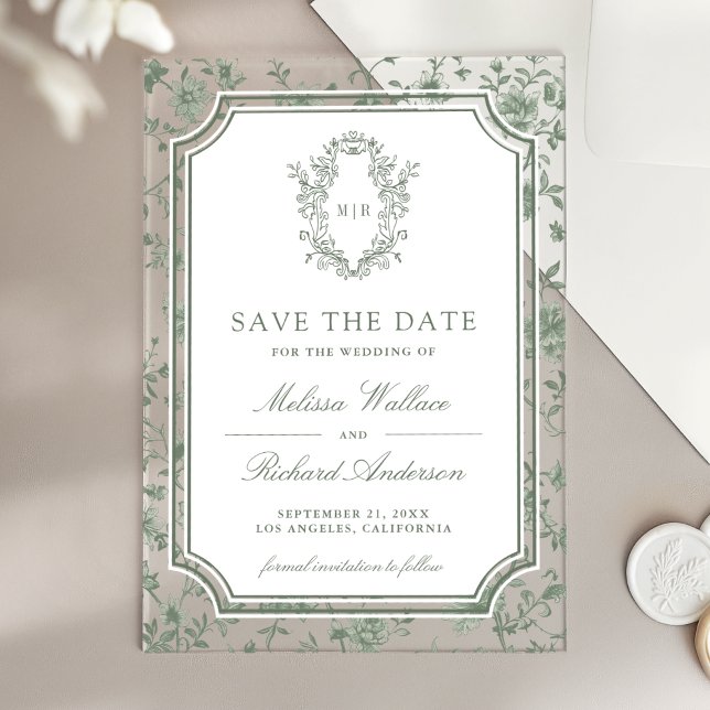 Invitations En Acrylique Sage Green Chinoiserie Crest Wedding Save the Date (Créateur téléchargé)