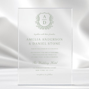 Invitations En Acrylique Sage Green Crest Mariage de monogramme
