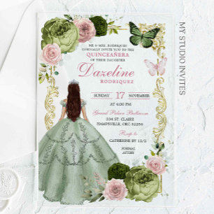 Invitations En Acrylique Sage Green et Blush Princess Quinceanera