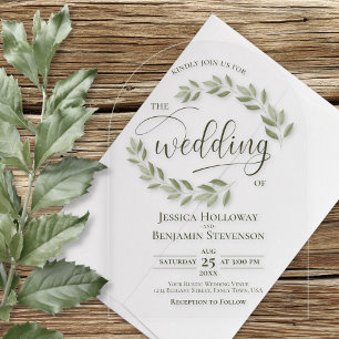 Invitations En Acrylique Sage Green Feuilles ou vignes Mariage de script él