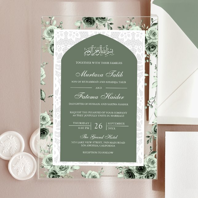 Invitations En Acrylique Sage Green Floral Blanc dentelle Arc Mariage musul (Créateur téléchargé)