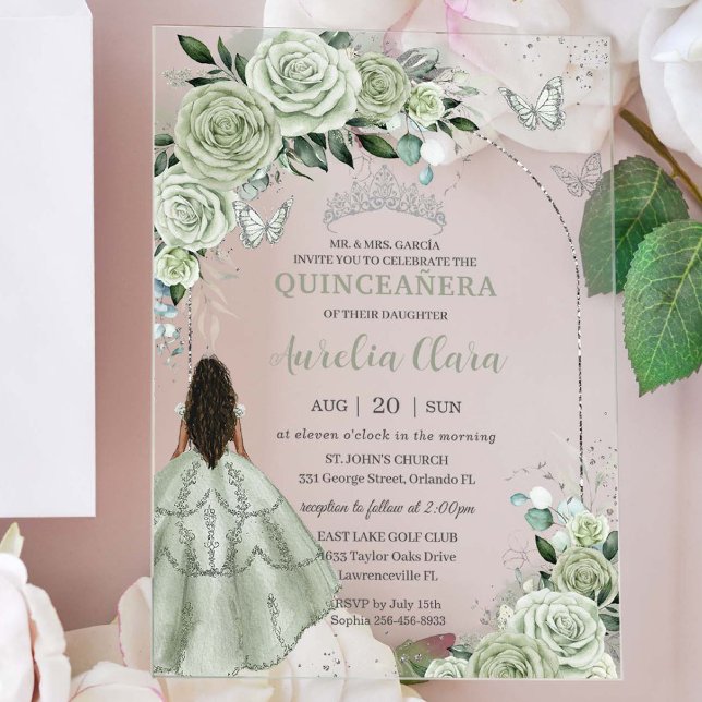 Invitations En Acrylique Sage Green Floral Brown fille Silver Quinceañera (Créateur téléchargé)