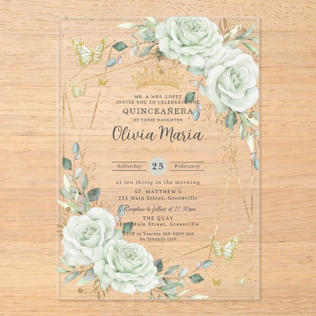 Invitations En Acrylique Sage Green Floral Butterflies Quinceañera Quince (Recto)