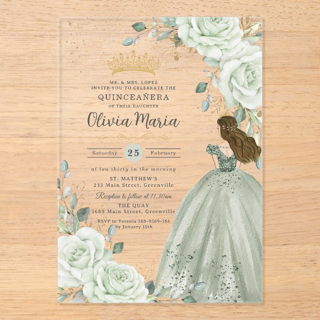 Invitations En Acrylique Sage Green Floral Princess Gown Quinceañera Quince (Recto)