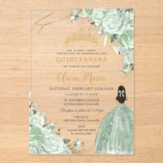 Invitations En Acrylique Sage Green Floral Princesse Robe Or Quinceañera (Recto)