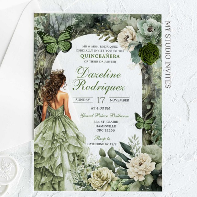 Invitations En Acrylique Sage Green Forêt Whimsical Quinceanera (Créateur téléchargé)