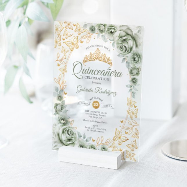 Invitations En Acrylique Sage Green Gold Floral Quinceanera (Créateur téléchargé)