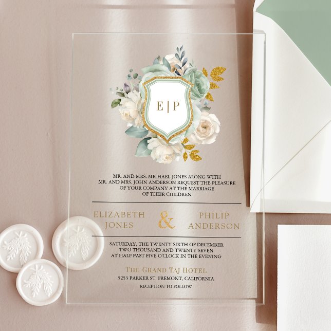 Invitations En Acrylique Sage Green Ivory Floral Monogram Crest Mariage (Créateur téléchargé)