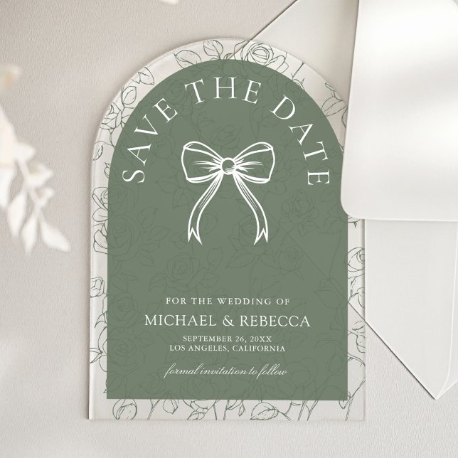 Invitations En Acrylique Sage Green Line Art Bow Wedding Save the Date (Créateur téléchargé)