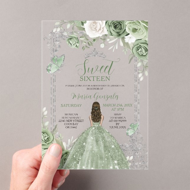 Invitations En Acrylique Sage Green Princess Butterfly Silver Sweet Sixteen (In situ (ordinateur de poche))