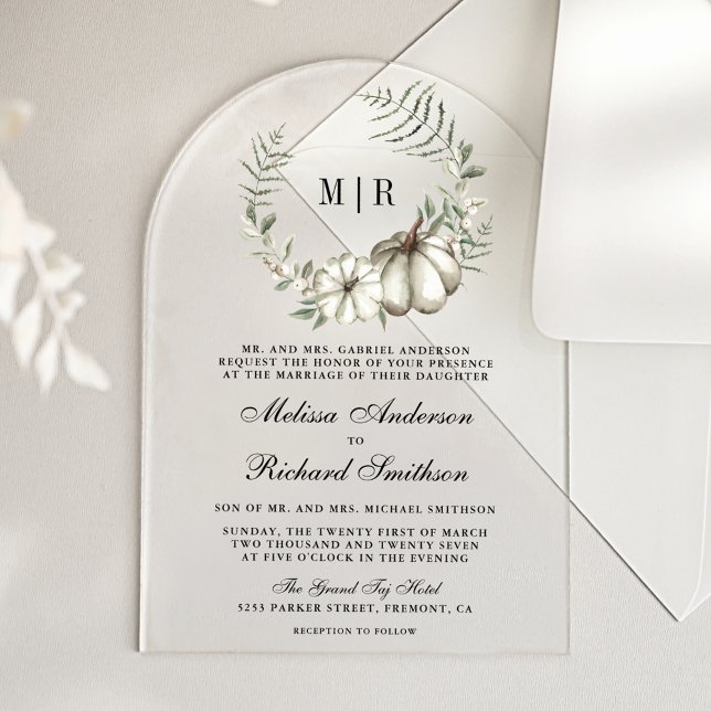 Invitations En Acrylique Sage Green Pumpkin Wreath Wedding (Créateur téléchargé)